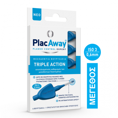 Plac Away Μεσοδόντιο Βουρτσάκι Triple Action 0.6mm ISO 3 Μπλε 6 τεμάχια